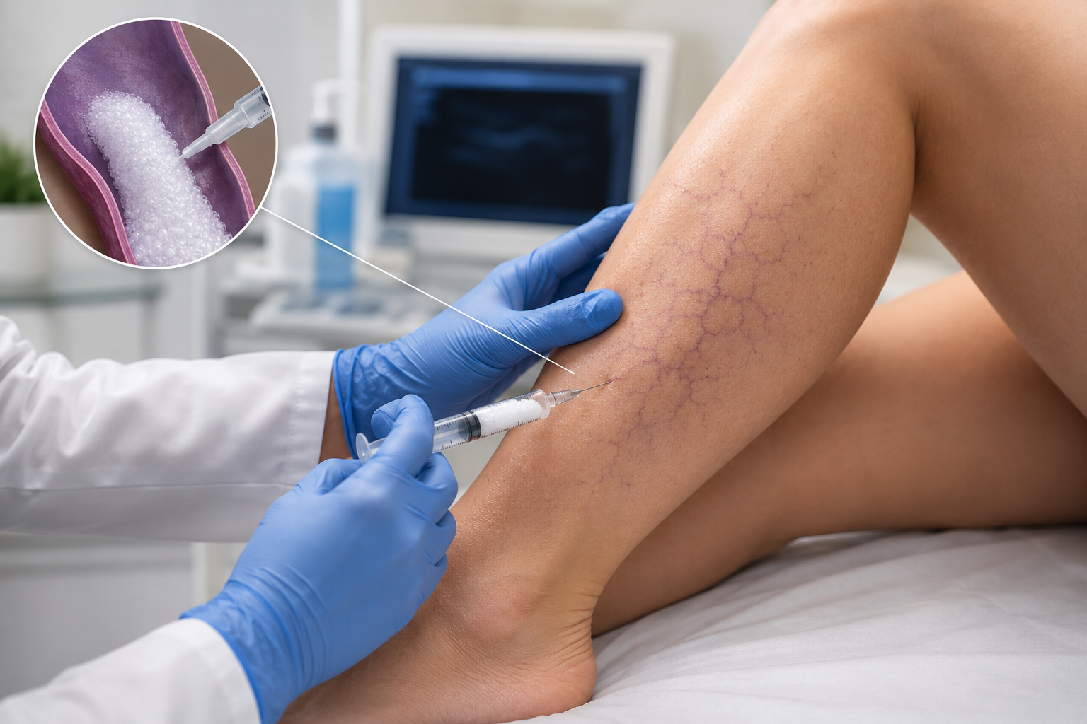 Aplicação de escleroterapia com espuma em varizes