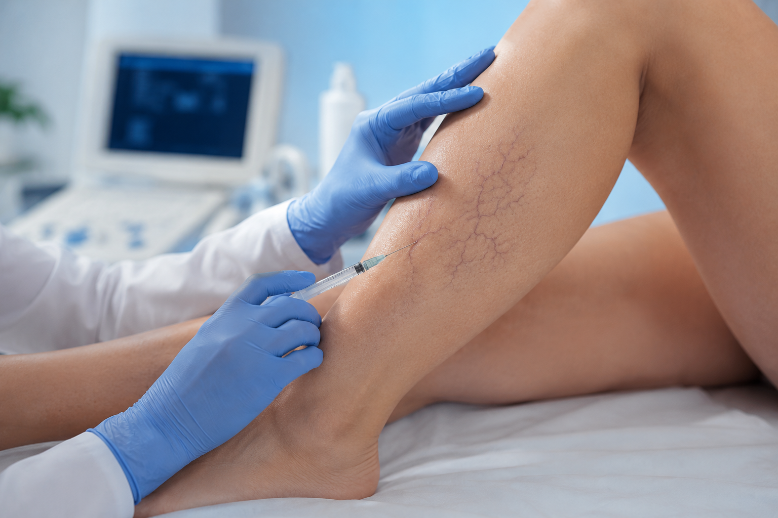 Aplicação de escleroterapia em vasinhos da perna