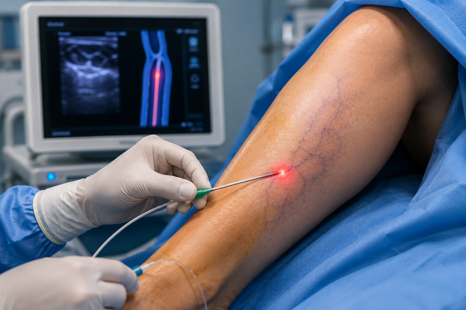 Procedimento de laser endovenoso em veia da perna